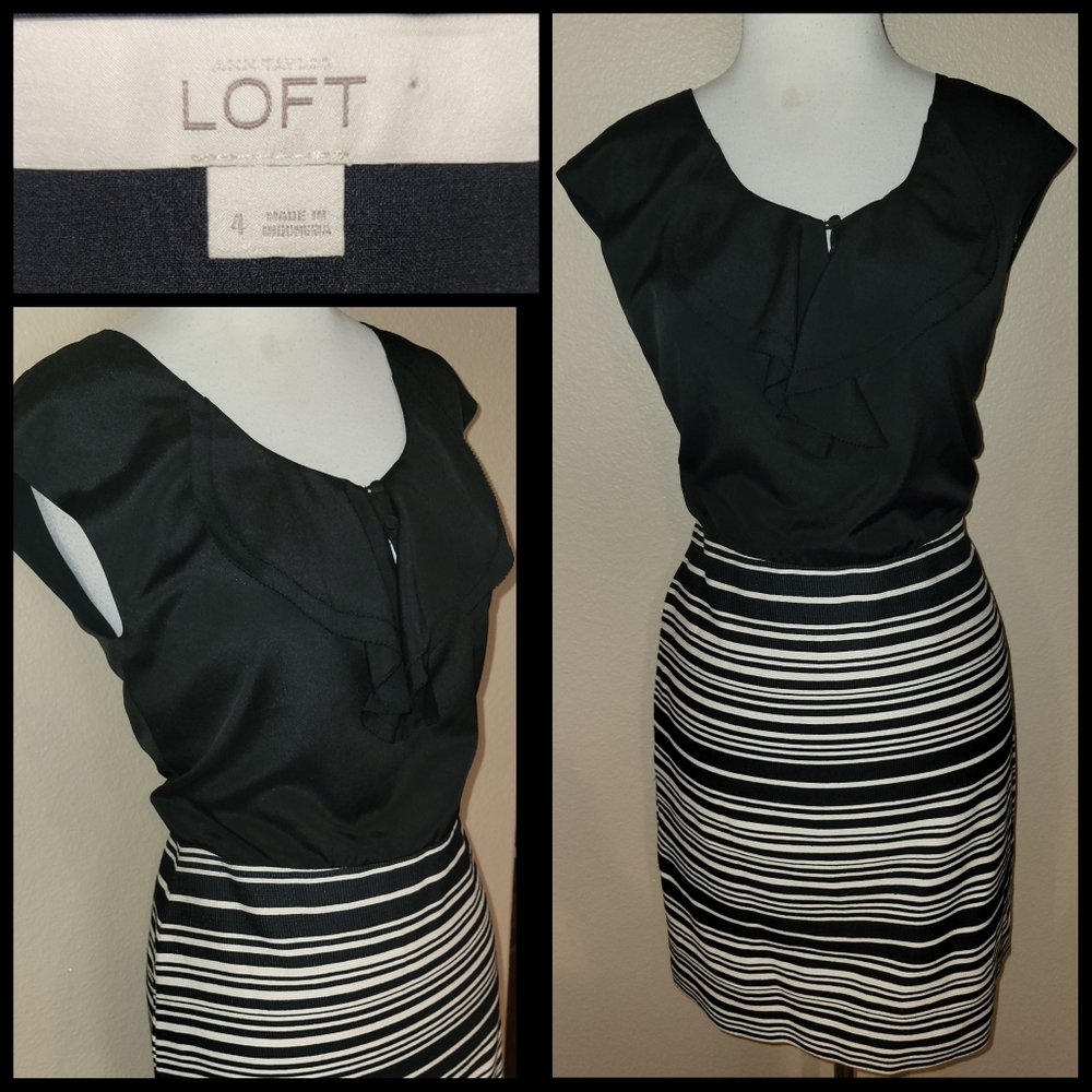 LOFT Black/Ivory striped skirt, solid black sheer top, striped Ruffle Dress sz 4